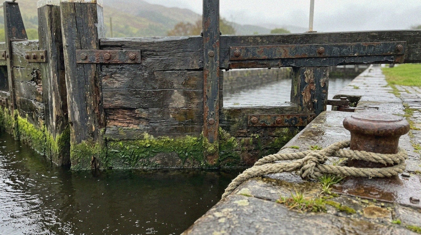 Weathered canal lock gate on still water