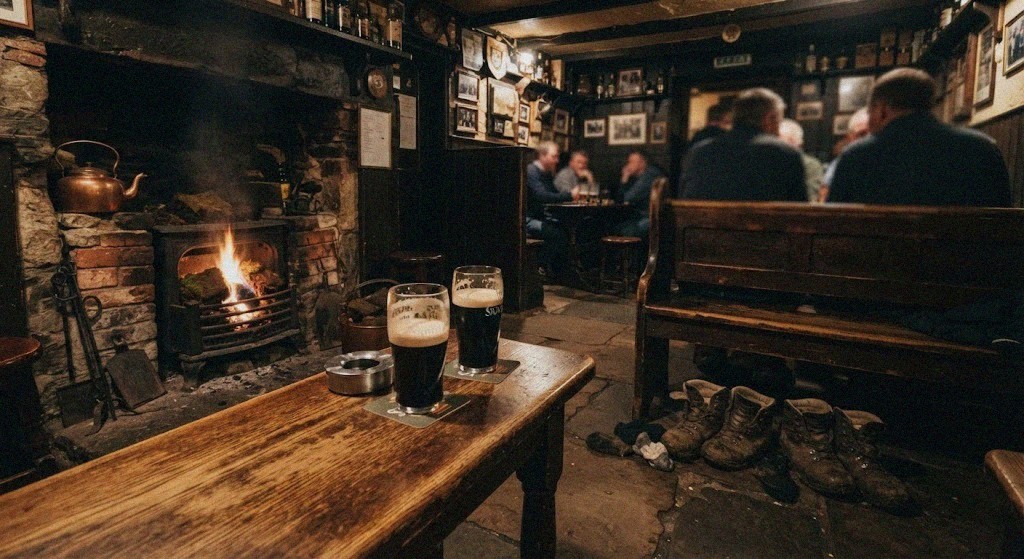 Stout glasses and turf fire in a dim pub