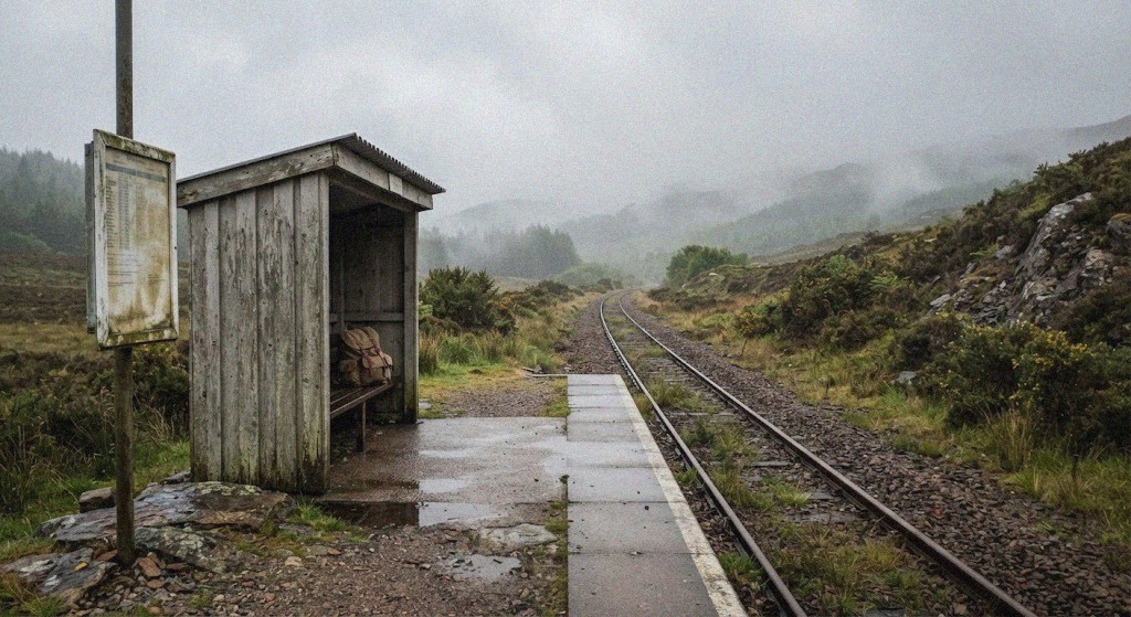 Tiny Highland platform in mist